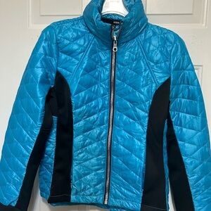 7 Guess Women’s Teal Black Puffer Coat Jacket Hood Zip up Collar
